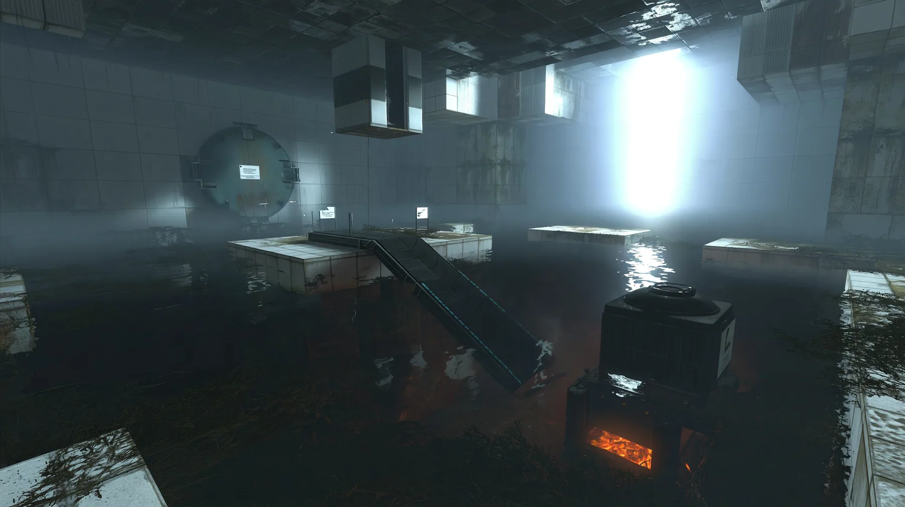 this flooded abandoned test chamber with a big round disposal chute hatch in the far wall and a sloped conveyor dropping into a pit glowing orange from an incinerator, fog, a shaft of cold light, Portal 2 Source…