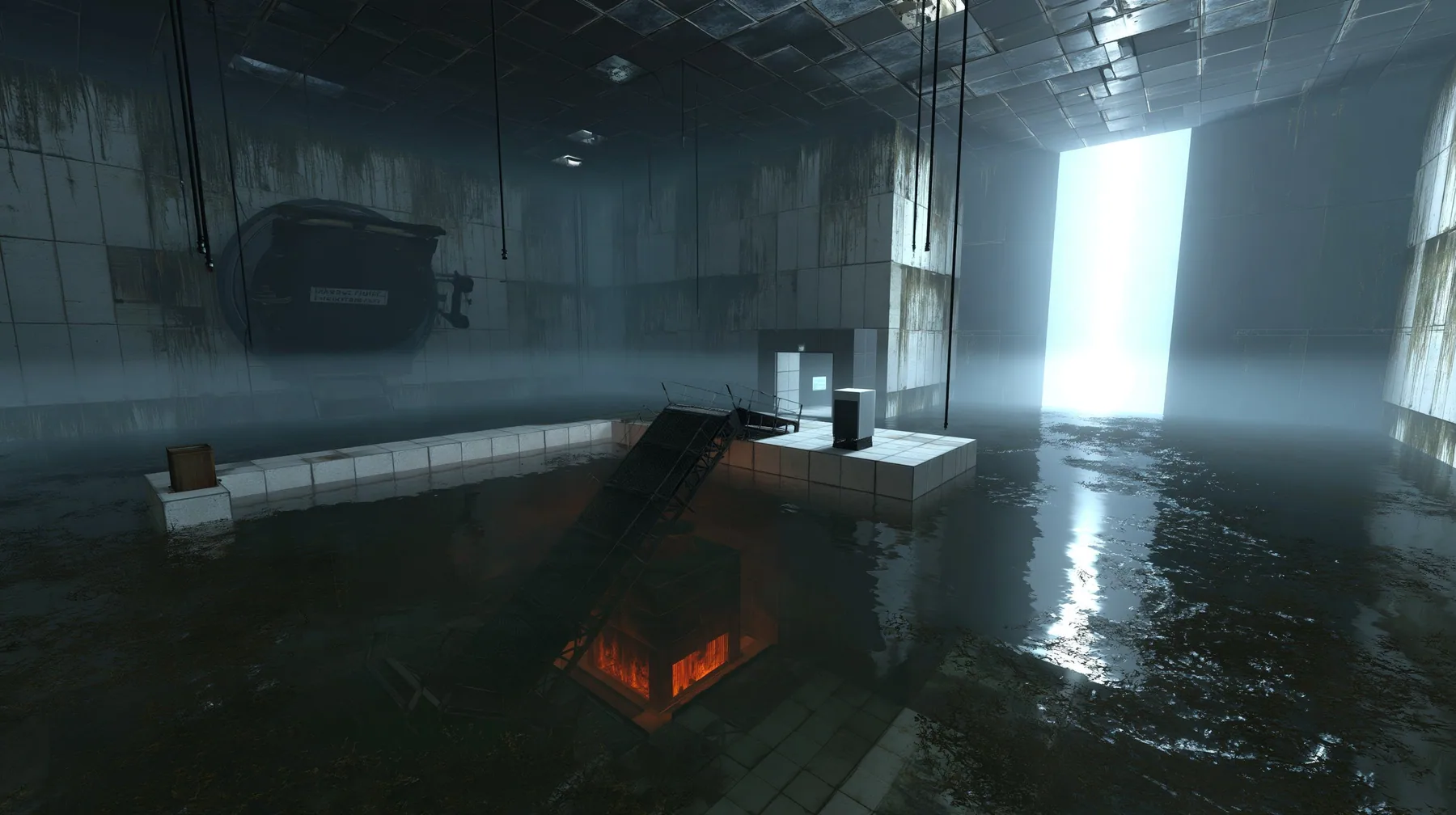 this flooded abandoned test chamber with a big round disposal chute hatch in the far wall and a sloped conveyor dropping into a pit glowing orange from an incinerator, fog, a shaft of cold light, Portal 2 Source…