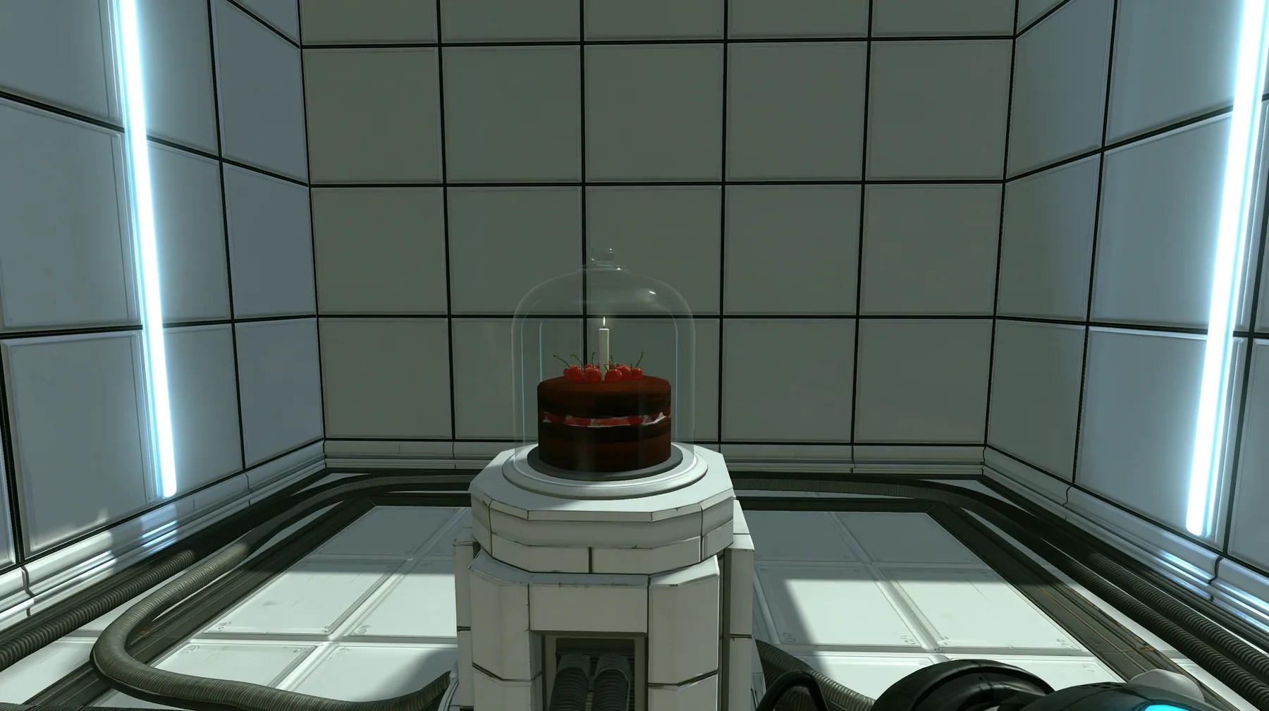 a clean white test chamber of square white wall panels with thin black seams and long vertical light strips, in the middle a chocolate black forest cake with cherries and a single candle under a glass cloche on a…