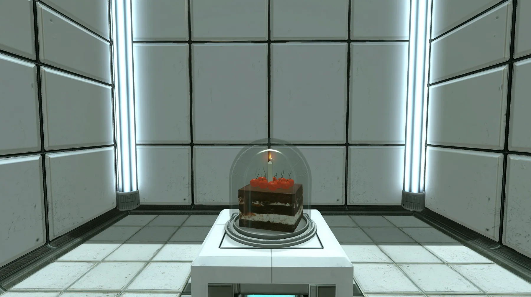 a clean white test chamber of square white wall panels with thin black seams and long vertical light strips, in the middle a chocolate black forest cake with cherries and a single candle under a glass cloche on a…