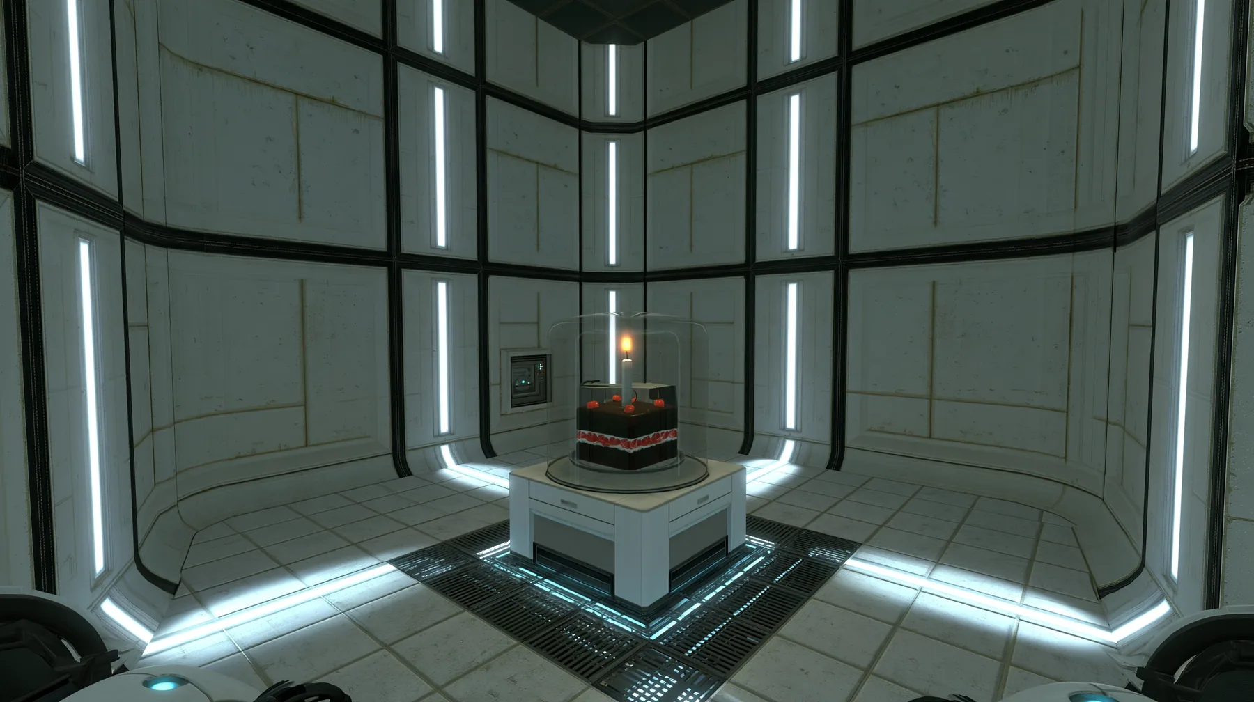 Portal 2 (2011) Source engine screenshot, Valve, a clean Aperture Science test chamber of white concrete panels with black seams and vertical light strips, a black forest chocolate cake with cherries and one lit…
