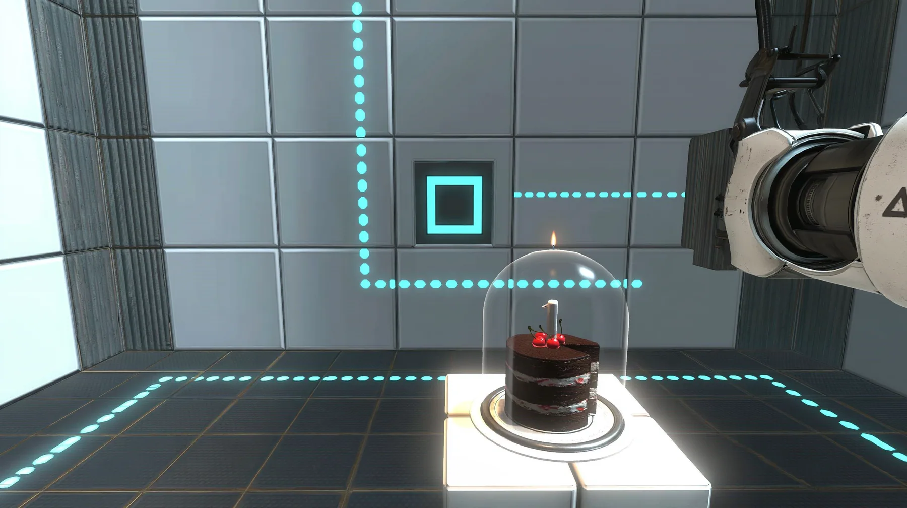 the same clean white panelled test chamber wall, a black forest chocolate cake with cherries and one candle under a glass cloche on a white pedestal in front of it, Portal 2 Source engine screenshot