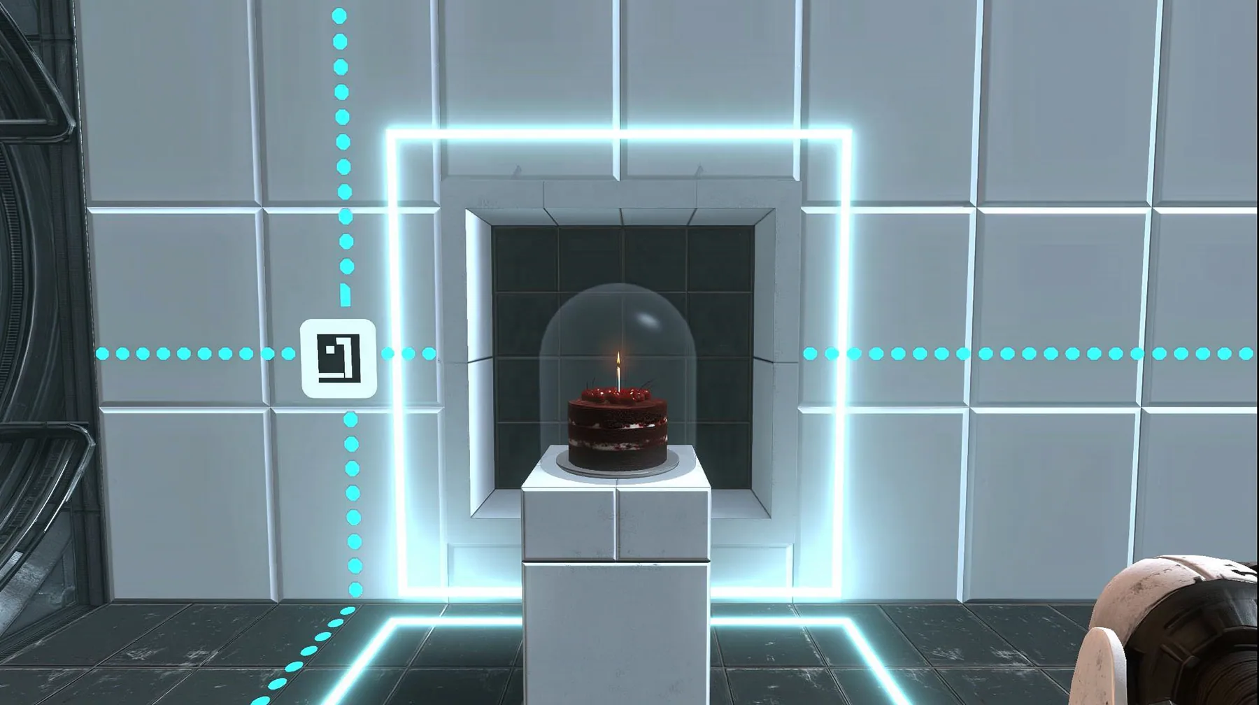 the same clean white panelled test chamber wall, a black forest chocolate cake with cherries and one candle under a glass cloche on a white pedestal in front of it, Portal 2 Source engine screenshot
