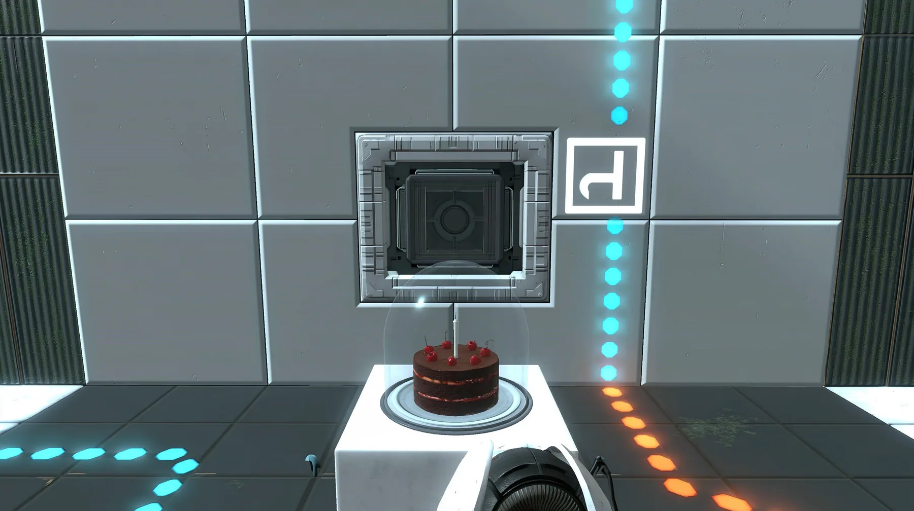 the same clean white panelled test chamber wall, a black forest chocolate cake with cherries and one candle under a glass cloche on a white pedestal in front of it, Portal 2 Source engine screenshot