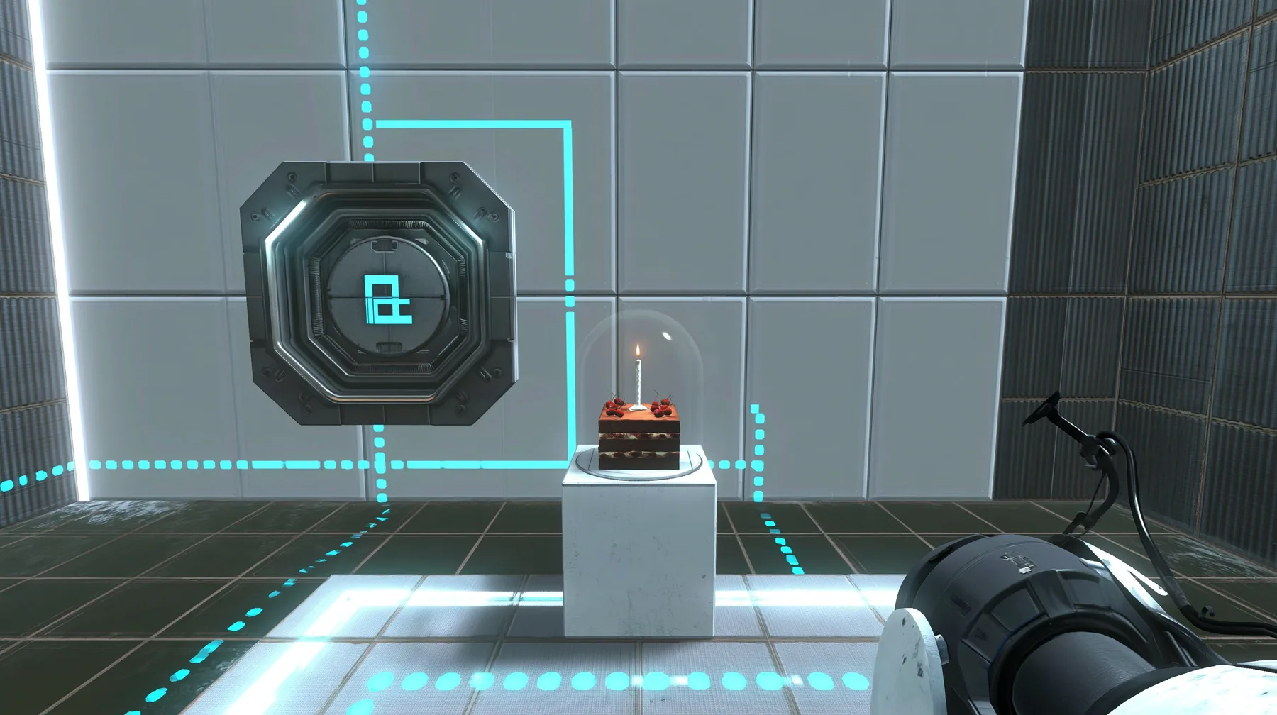 the same clean white panelled test chamber wall, a black forest chocolate cake with cherries and one candle under a glass cloche on a white pedestal in front of it, Portal 2 Source engine screenshot