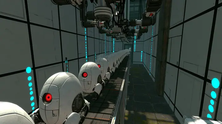 a long factory line of identical white egg-shaped sentry robots with a single red eye riding a conveyor through a dim industrial hall, robotic arms above them, grey wall panels with black seams, cyan indicator dots,…