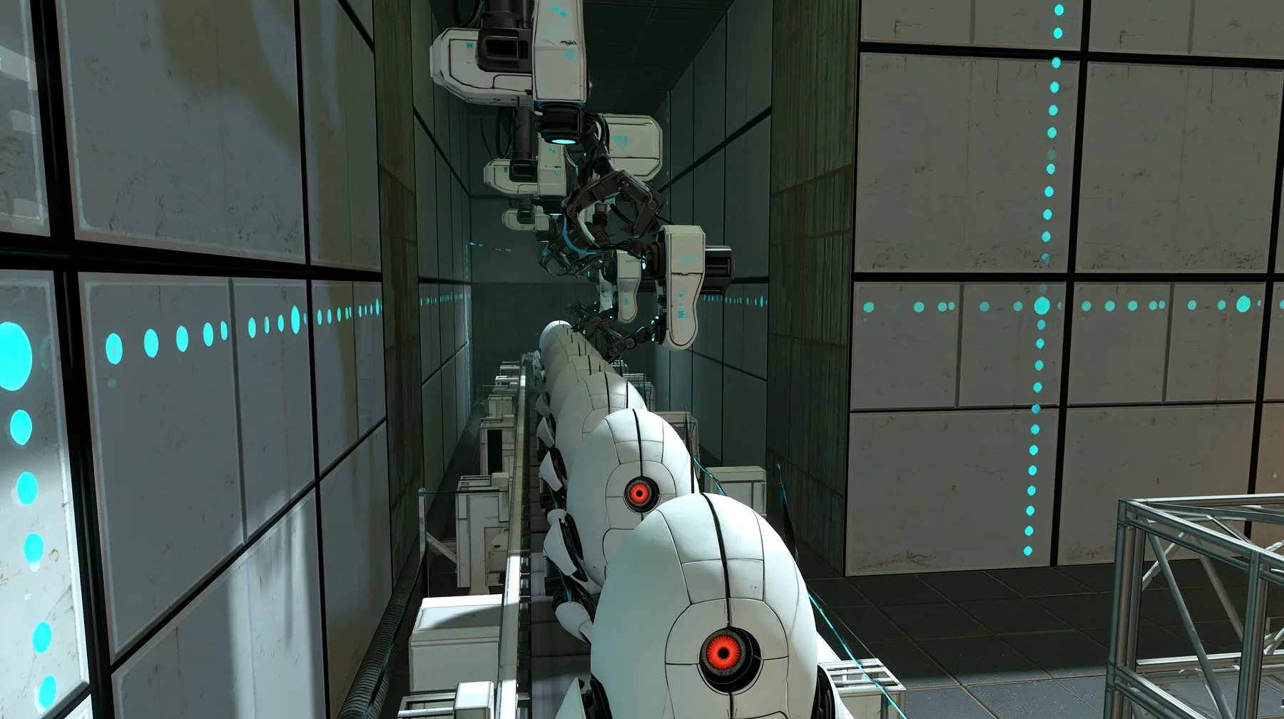 a long factory line of identical white egg-shaped sentry robots with a single red eye riding a conveyor through a dim industrial hall, robotic arms above them, grey wall panels with black seams, cyan indicator dots,…