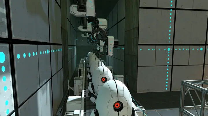 a long factory line of identical white egg-shaped sentry robots with a single red eye riding a conveyor through a dim industrial hall, robotic arms above them, grey wall panels with black seams, cyan indicator dots,…