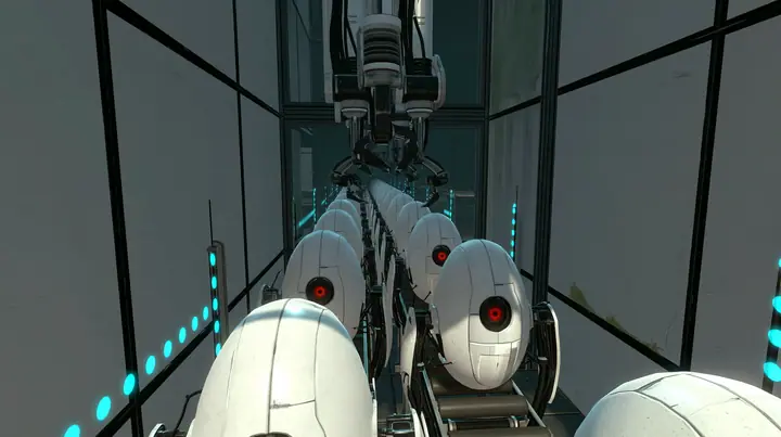 a long factory line of identical white egg-shaped sentry robots with a single red eye riding a conveyor through a dim industrial hall, robotic arms above them, grey wall panels with black seams, cyan indicator dots,…