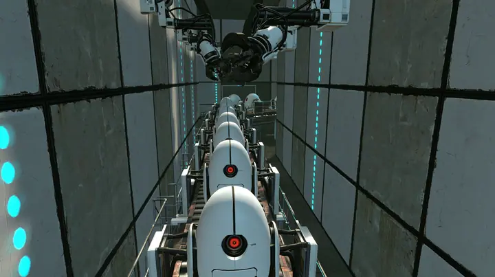 a long factory line of identical white egg-shaped sentry robots with a single red eye riding a conveyor through a dim industrial hall, robotic arms above them, grey wall panels with black seams, cyan indicator dots,…