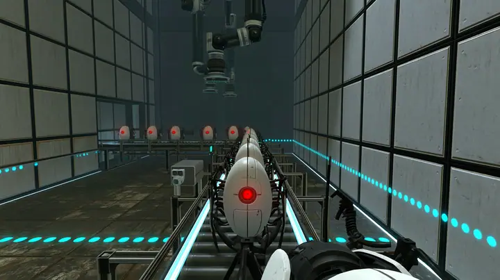 Portal 2 (2011) Source engine screenshot, Valve, the Aperture Science turret production line: rows of white egg-shaped sentry turrets with one red eye riding a conveyor through a dim panelled factory hall, robot arms…