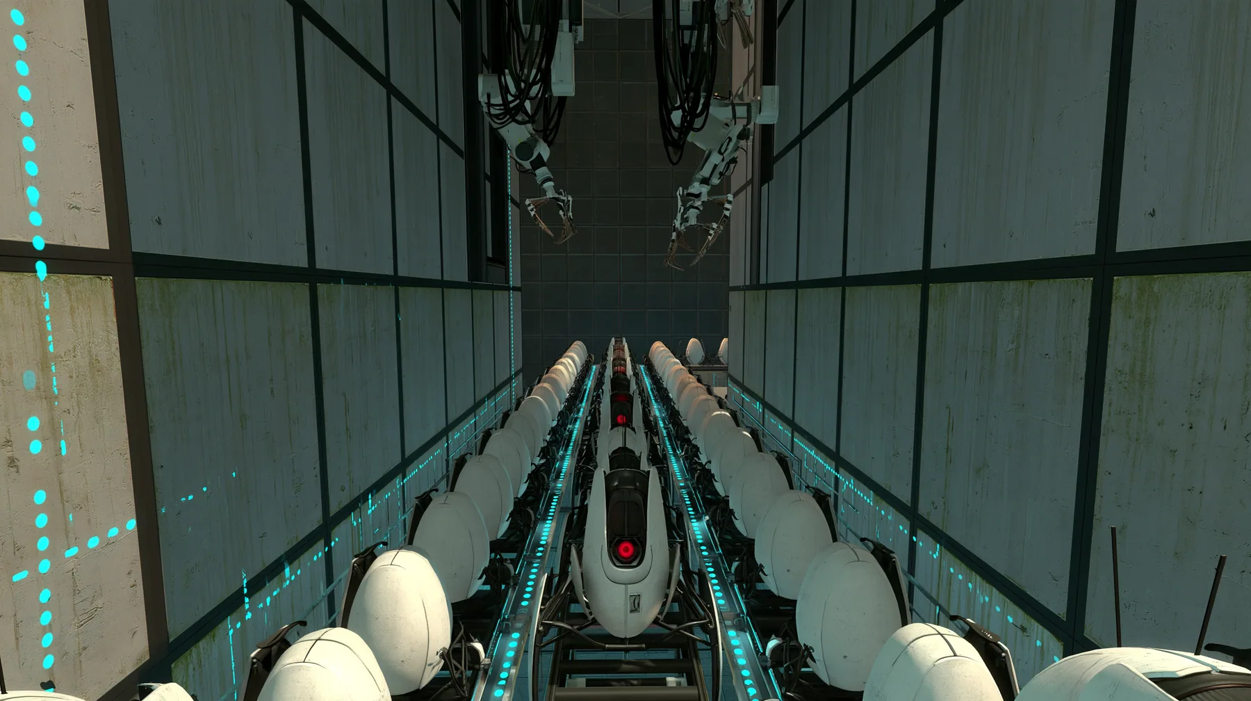Portal 2 (2011) Source engine screenshot, Valve, the Aperture Science turret production line: rows of white egg-shaped sentry turrets with one red eye riding a conveyor through a dim panelled factory hall, robot arms…