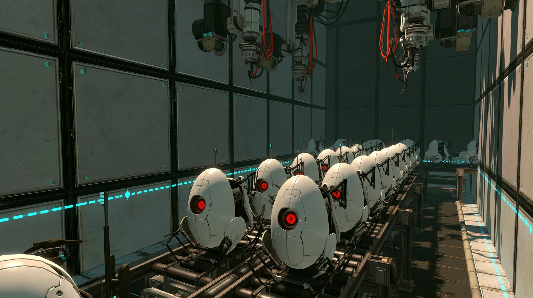 Portal 2 (2011) Source engine screenshot, Valve, the Aperture Science turret production line: rows of white egg-shaped sentry turrets with one red eye riding a conveyor through a dim panelled factory hall, robot arms…