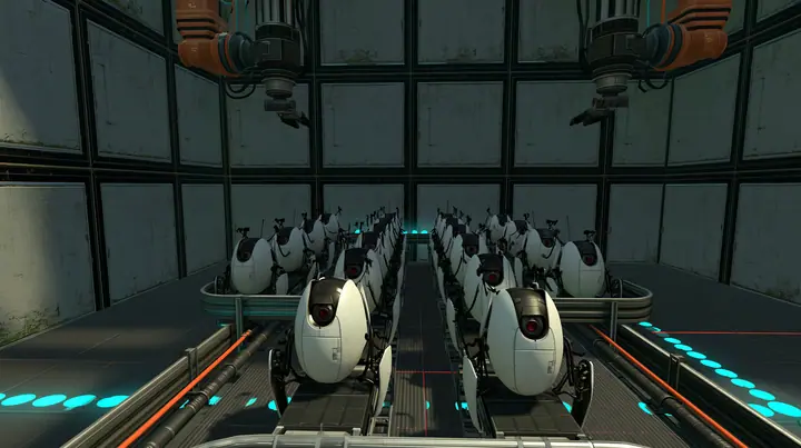 Portal 2 (2011) Source engine screenshot, Valve, the Aperture Science turret production line: rows of white egg-shaped sentry turrets with one red eye riding a conveyor through a dim panelled factory hall, robot arms…