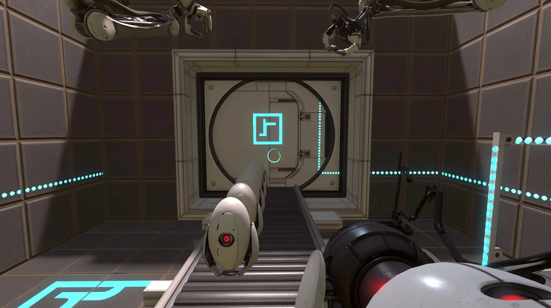 this test chamber turned into a turret production line: rows of white egg-shaped sentry turrets with one red eye riding a conveyor past the round door, robot arms above, Portal 2 Source engine screenshot