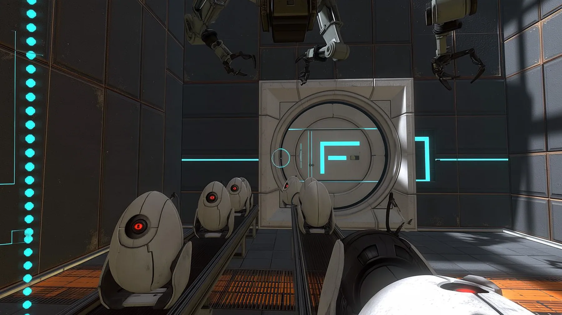 this test chamber turned into a turret production line: rows of white egg-shaped sentry turrets with one red eye riding a conveyor past the round door, robot arms above, Portal 2 Source engine screenshot