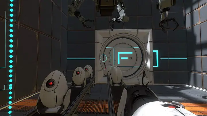 this test chamber turned into a turret production line: rows of white egg-shaped sentry turrets with one red eye riding a conveyor past the round door, robot arms above, Portal 2 Source engine screenshot