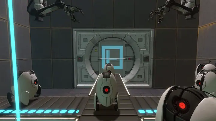 this test chamber turned into a turret production line: rows of white egg-shaped sentry turrets with one red eye riding a conveyor past the round door, robot arms above, Portal 2 Source engine screenshot