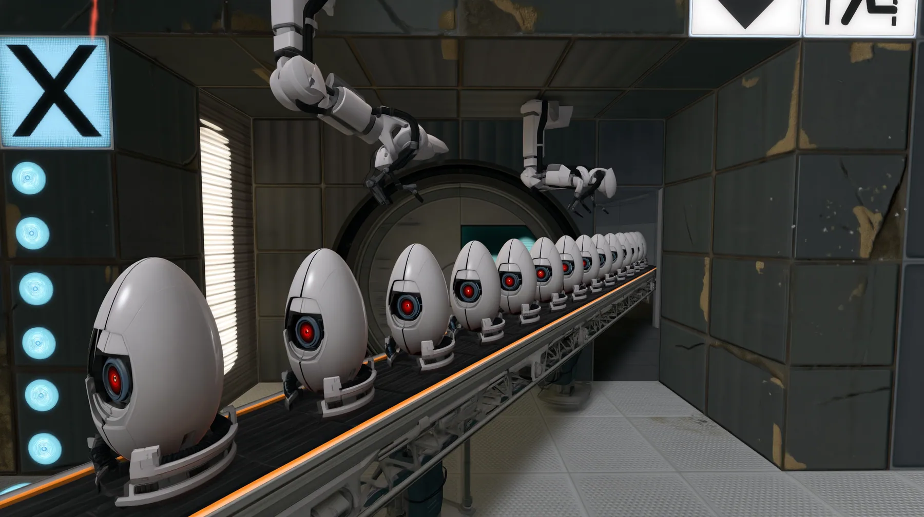 Turn this room into a turret production line: a conveyor carrying a row of identical white egg-shaped turrets with one red eye through the room, robot arms above them. Keep the same Portal 2 Source engine render: the…