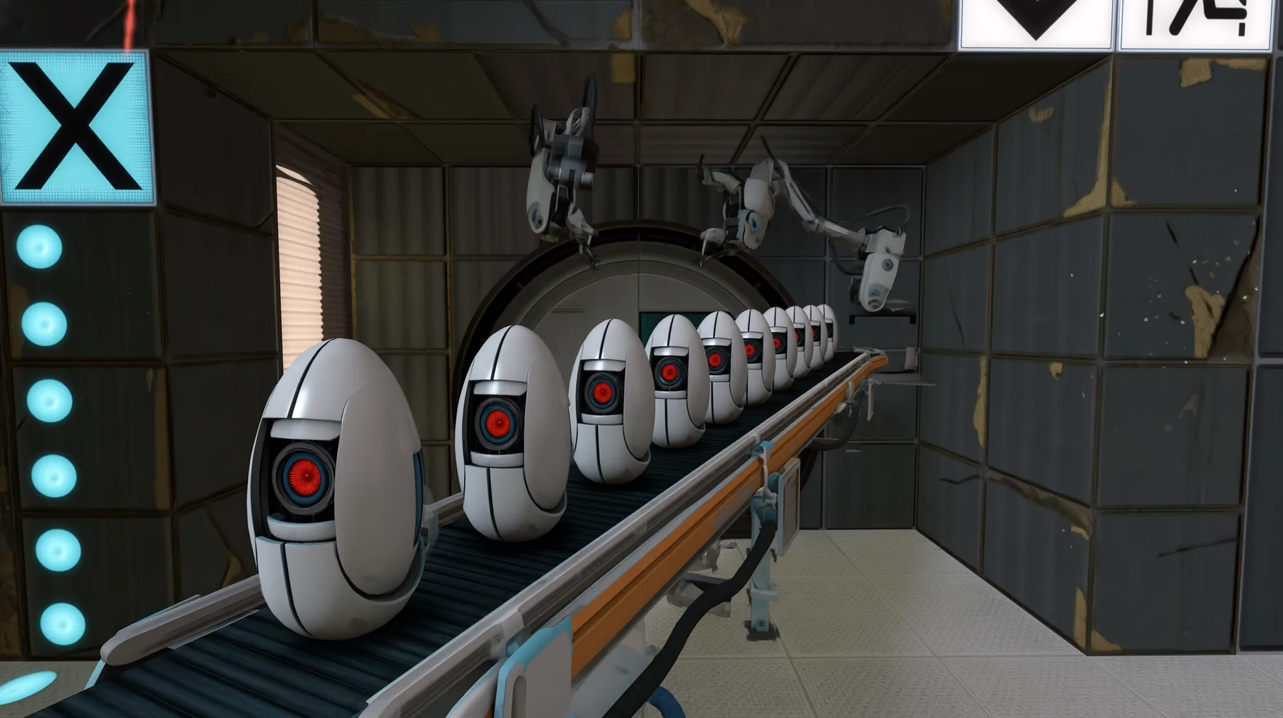 Turn this room into a turret production line: a conveyor carrying a row of identical white egg-shaped turrets with one red eye through the room, robot arms above them. Keep the same Portal 2 Source engine render: the…