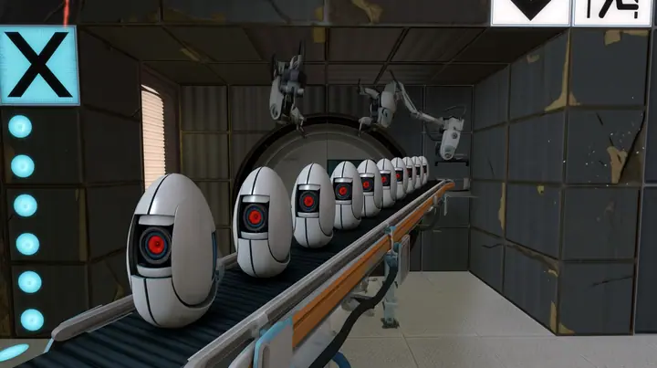 Turn this room into a turret production line: a conveyor carrying a row of identical white egg-shaped turrets with one red eye through the room, robot arms above them. Keep the same Portal 2 Source engine render: the…