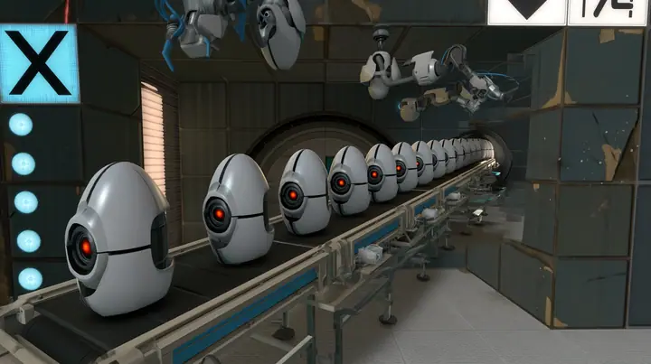 Turn this room into a turret production line: a conveyor carrying a row of identical white egg-shaped turrets with one red eye through the room, robot arms above them. Keep the same Portal 2 Source engine render: the…