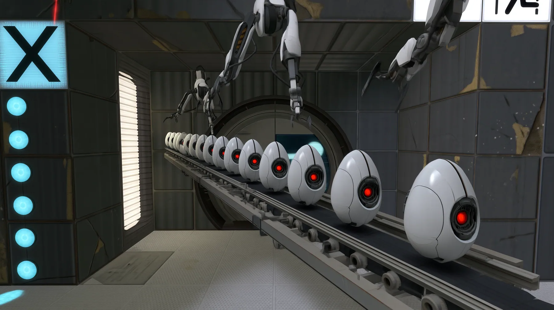 Turn this room into a turret production line: a conveyor carrying a row of identical white egg-shaped turrets with one red eye through the room, robot arms above them. Keep the same Portal 2 Source engine render: the…
