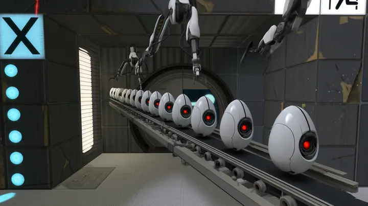 Turn this room into a turret production line: a conveyor carrying a row of identical white egg-shaped turrets with one red eye through the room, robot arms above them. Keep the same Portal 2 Source engine render: the…