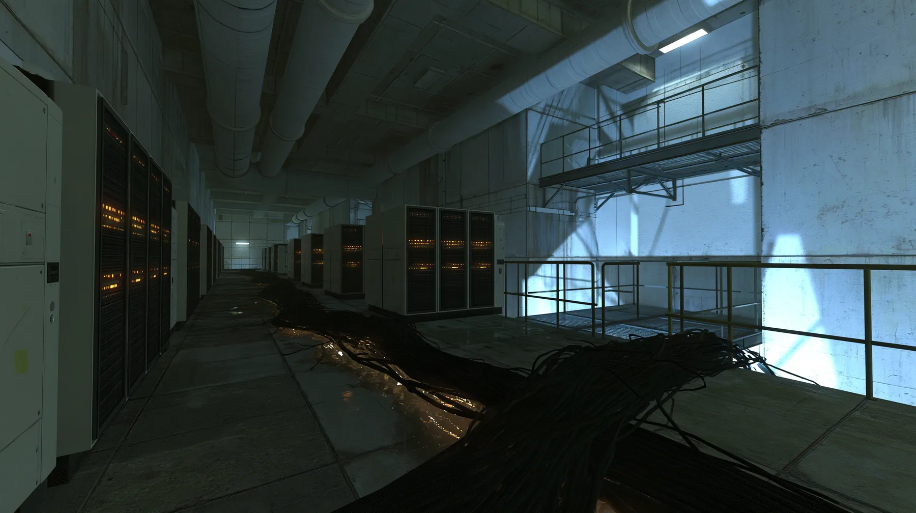 a long behind-the-scenes concrete corridor inside a vast facility, lined with tall 1970s mainframe computer cabinets with blinking lights, thick bundles of black cables running along the floor glowing faintly like…