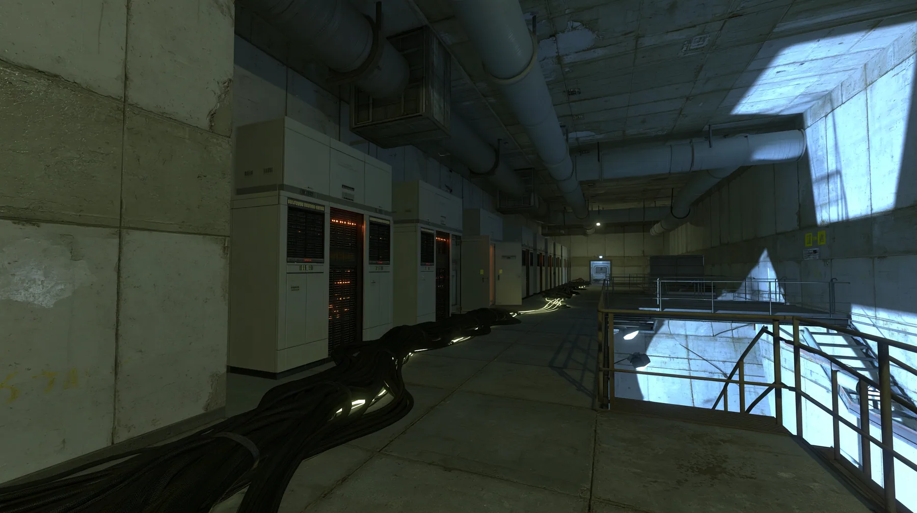 a long behind-the-scenes concrete corridor inside a vast facility, lined with tall 1970s mainframe computer cabinets with blinking lights, thick bundles of black cables running along the floor glowing faintly like…