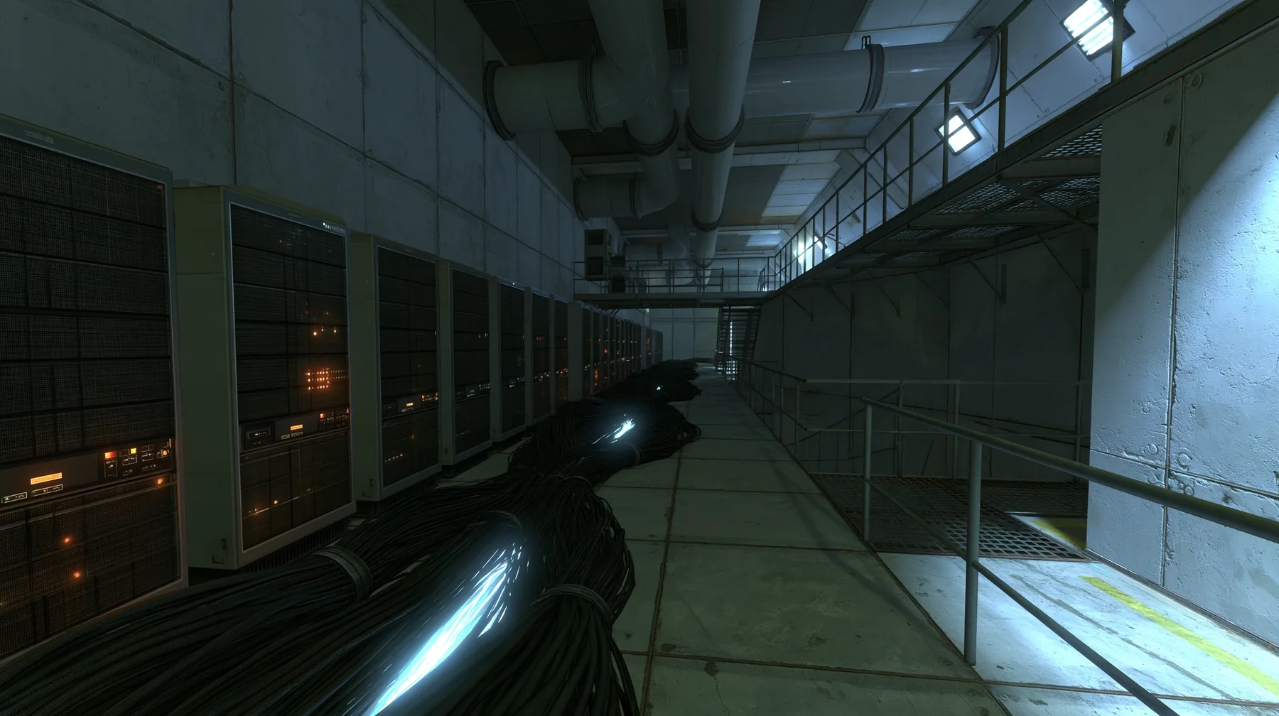 a long behind-the-scenes concrete corridor inside a vast facility, lined with tall 1970s mainframe computer cabinets with blinking lights, thick bundles of black cables running along the floor glowing faintly like…