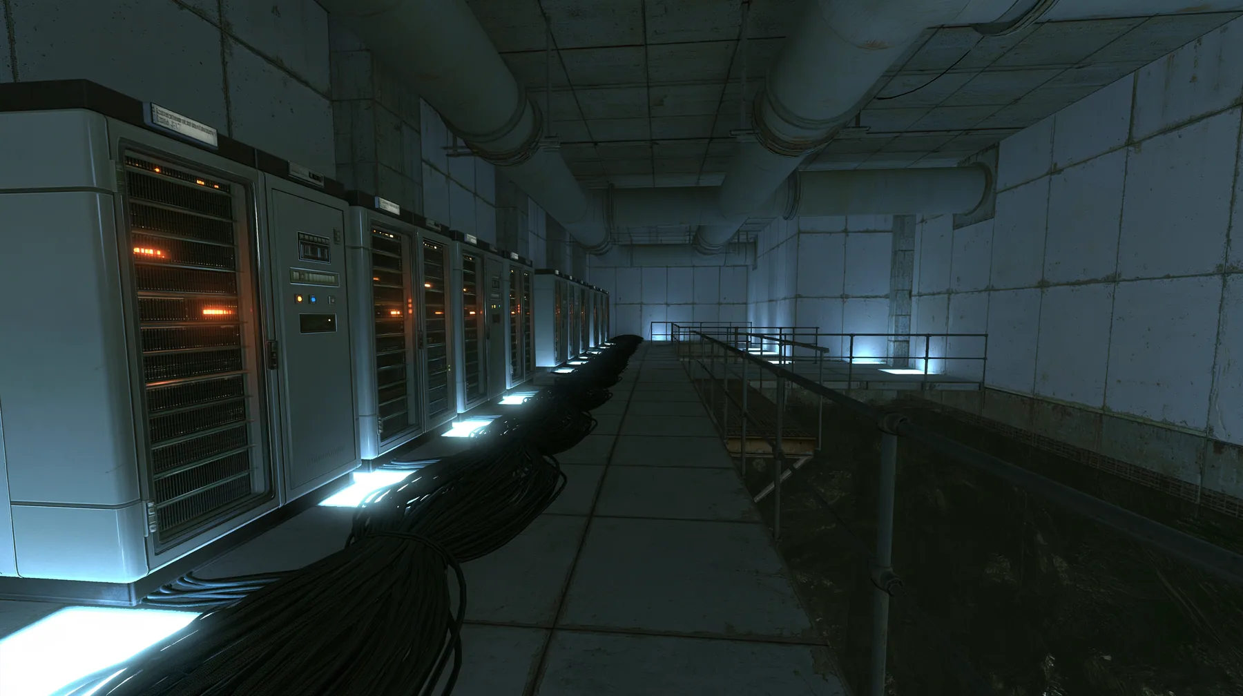 Portal 2 (2011) Source engine screenshot, Valve, behind the scenes at Aperture Science: a long concrete corridor lined with tall 1970s mainframe server cabinets with blinking lights, thick black cable bundles along…