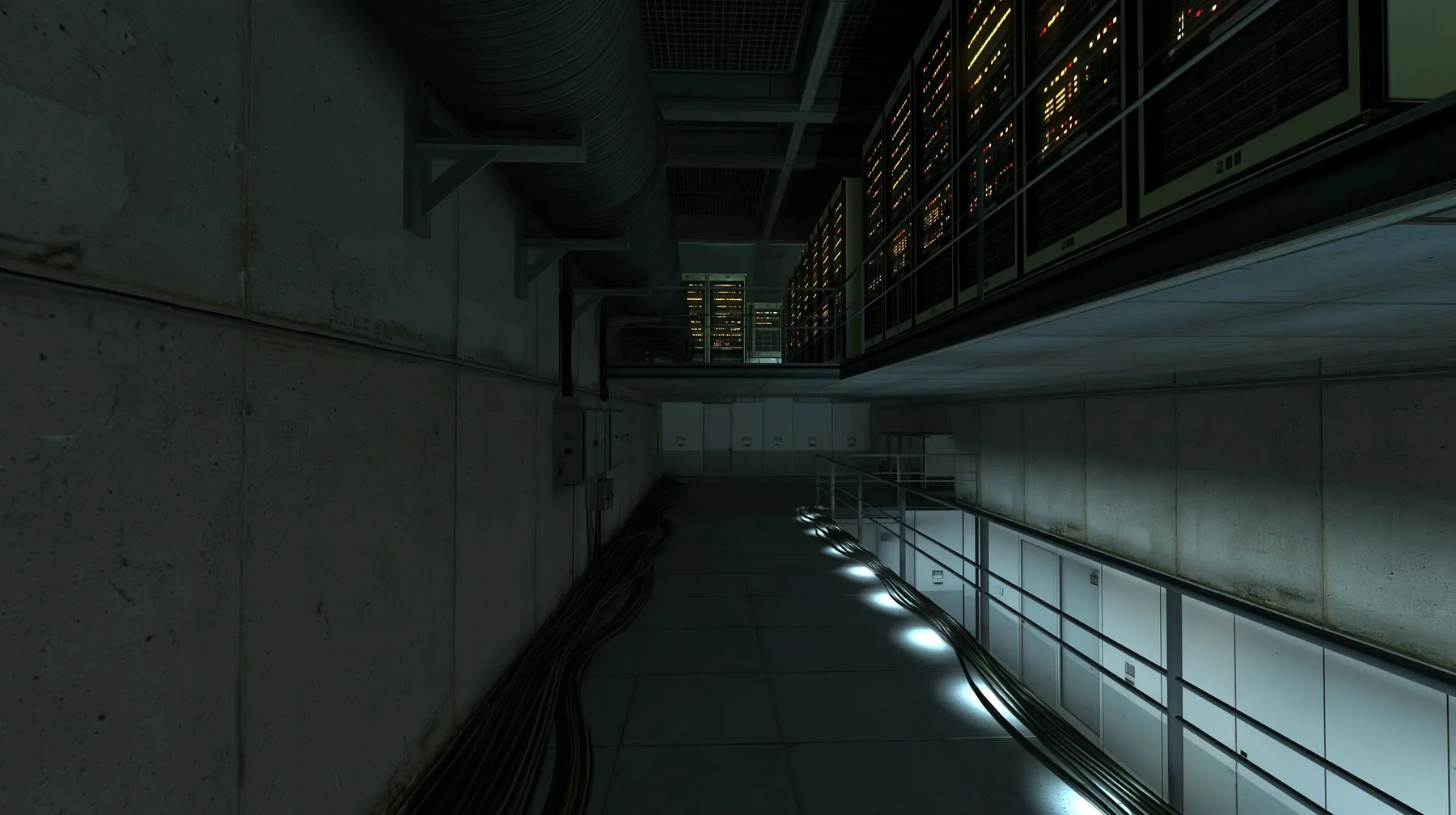 this behind-the-scenes concrete corridor lined on both sides with tall 1970s mainframe server cabinets with blinking lights, cable bundles along the floor glowing faintly, Portal 2 Source engine screenshot