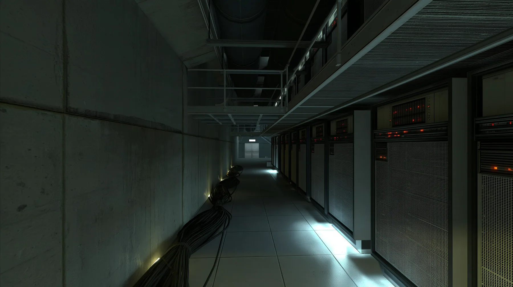 this behind-the-scenes concrete corridor lined on both sides with tall 1970s mainframe server cabinets with blinking lights, cable bundles along the floor glowing faintly, Portal 2 Source engine screenshot