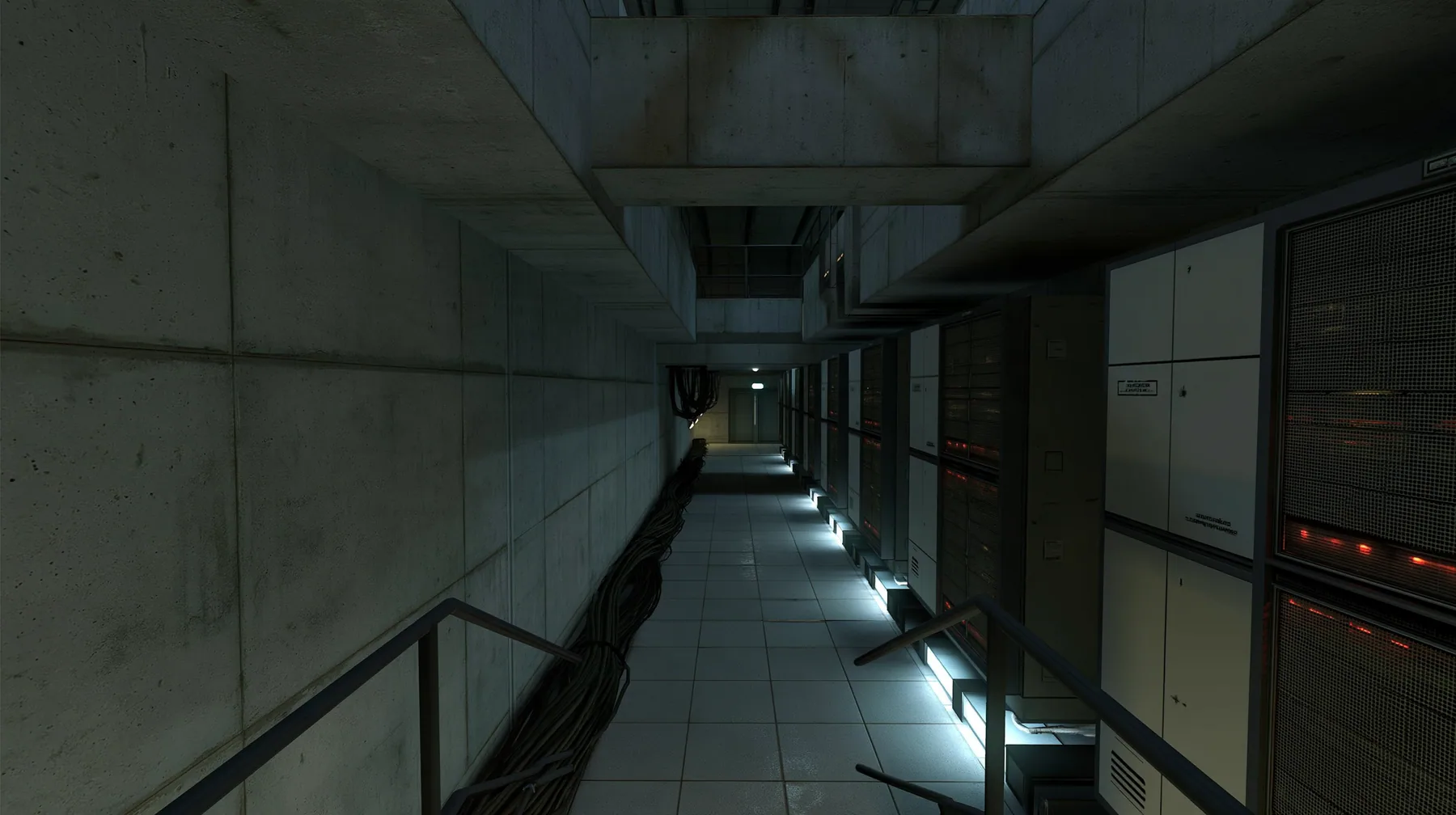 this behind-the-scenes concrete corridor lined on both sides with tall 1970s mainframe server cabinets with blinking lights, cable bundles along the floor glowing faintly, Portal 2 Source engine screenshot