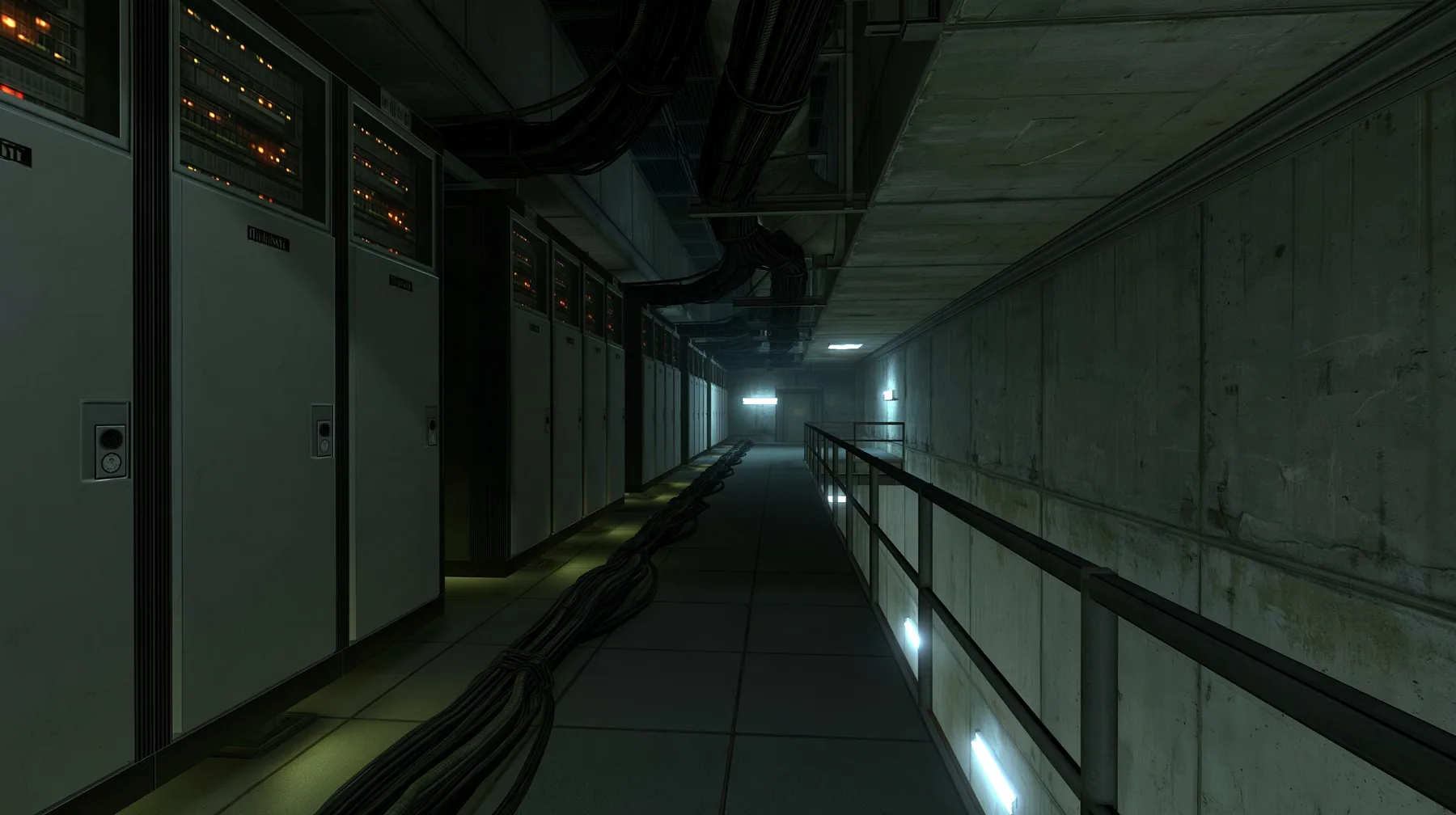 this behind-the-scenes concrete corridor lined on both sides with tall 1970s mainframe server cabinets with blinking lights, cable bundles along the floor glowing faintly, Portal 2 Source engine screenshot