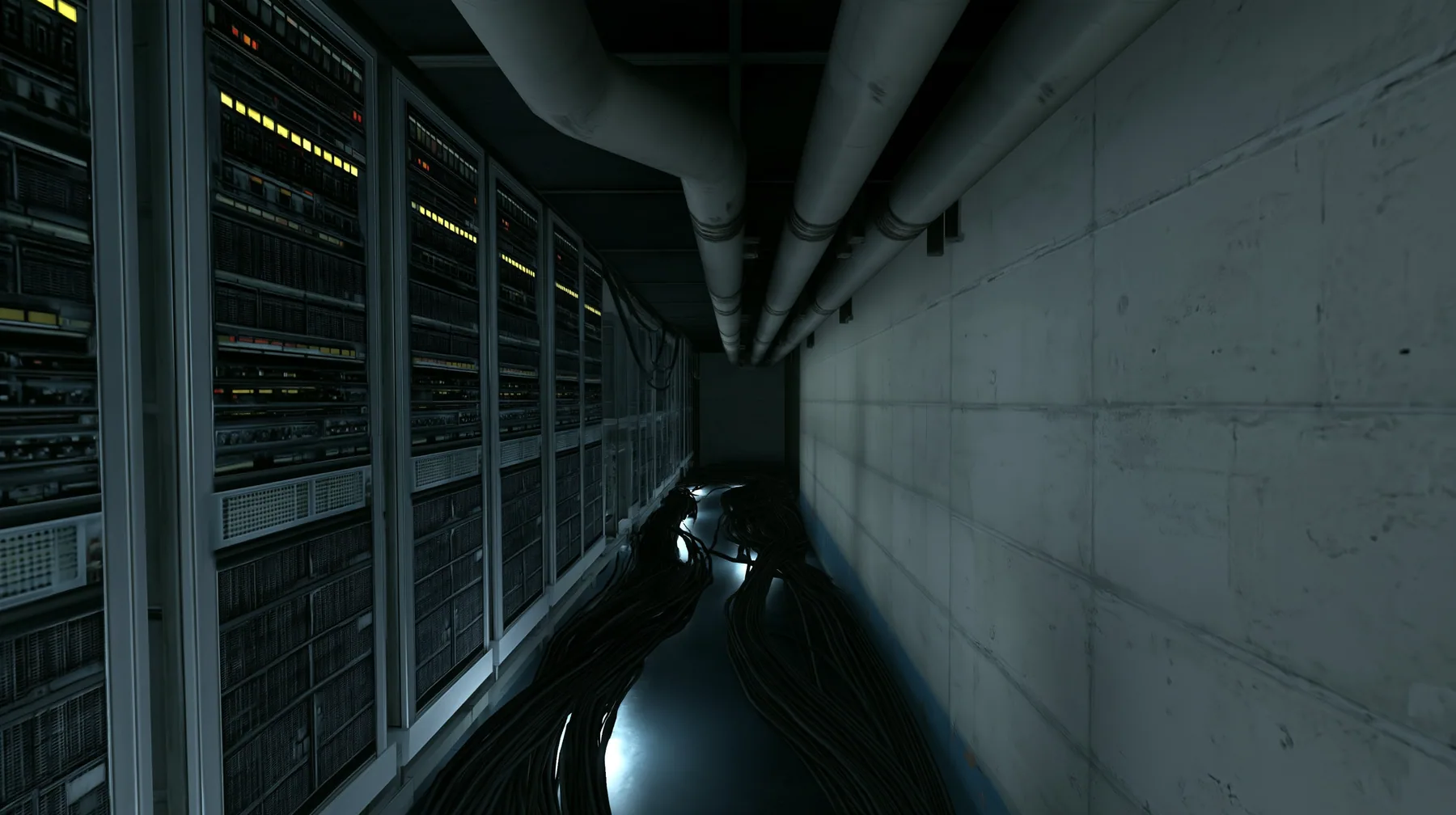 Line this corridor with tall 1970s mainframe server cabinets with rows of blinking lights, and run thick black cable bundles along the floor that glow faintly like rivers of light. Keep the same Portal 2 Source…