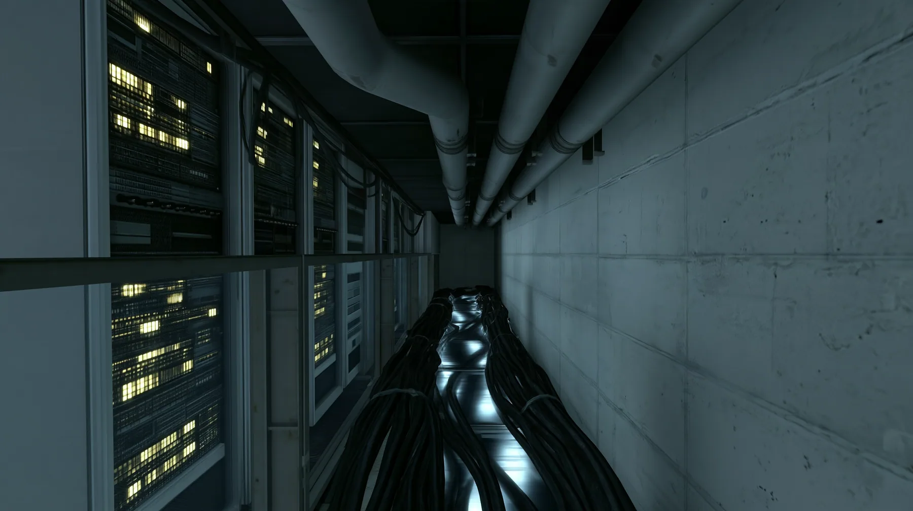Line this corridor with tall 1970s mainframe server cabinets with rows of blinking lights, and run thick black cable bundles along the floor that glow faintly like rivers of light. Keep the same Portal 2 Source…