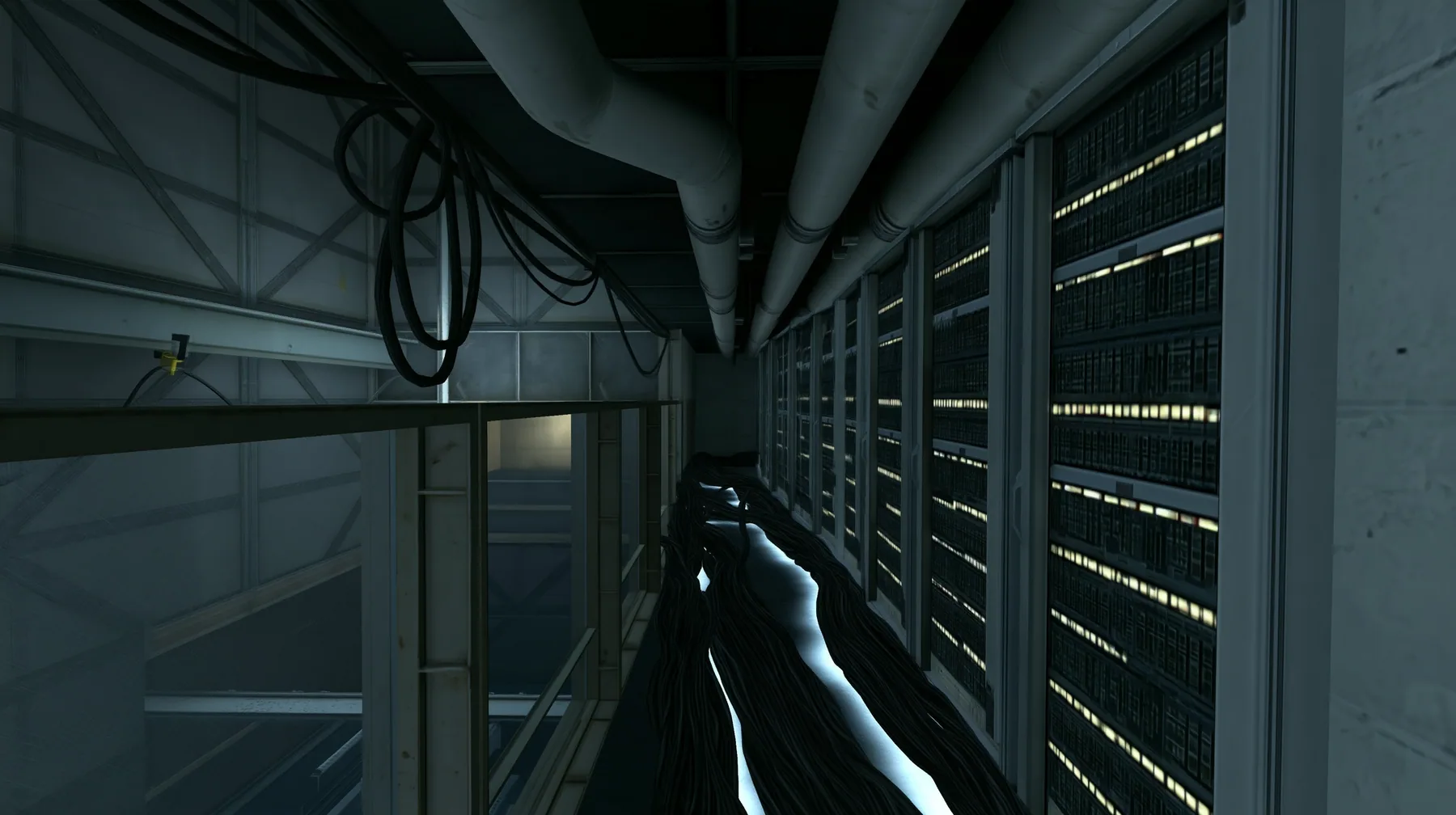 Line this corridor with tall 1970s mainframe server cabinets with rows of blinking lights, and run thick black cable bundles along the floor that glow faintly like rivers of light. Keep the same Portal 2 Source…