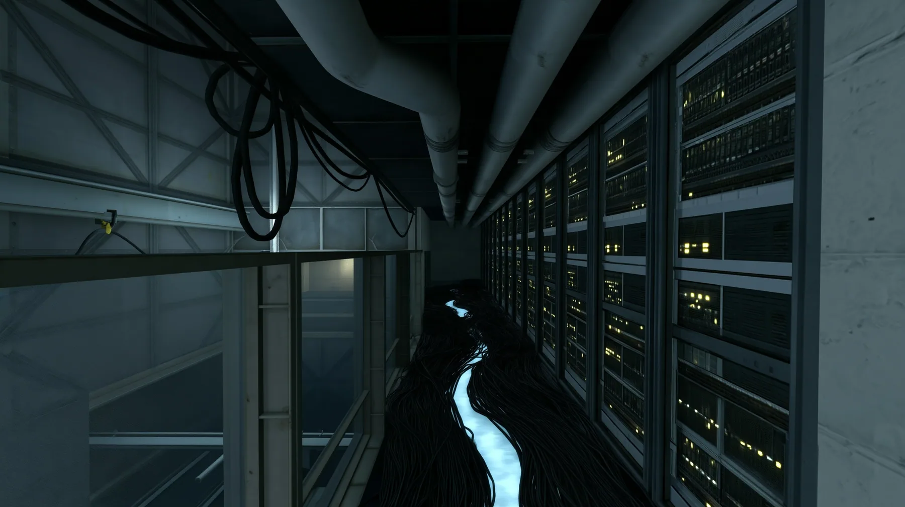 Line this corridor with tall 1970s mainframe server cabinets with rows of blinking lights, and run thick black cable bundles along the floor that glow faintly like rivers of light. Keep the same Portal 2 Source…
