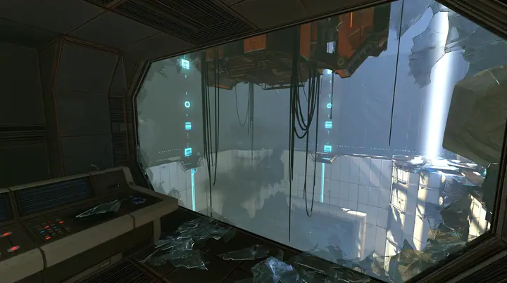 inside a dark control booth high above a test chamber, its big observation window smashed outward, shards of glass on the console and floor, a ruined white panelled chamber below, hanging cables, cyan indicator…