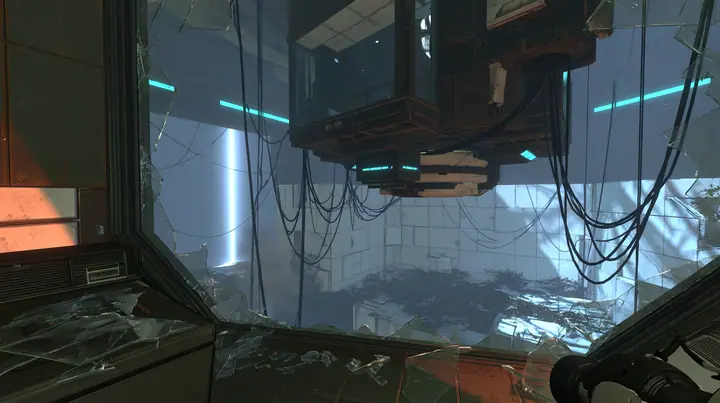 inside a dark control booth high above a test chamber, its big observation window smashed outward, shards of glass on the console and floor, a ruined white panelled chamber below, hanging cables, cyan indicator…