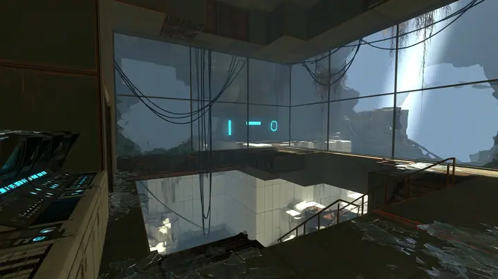 inside a dark control booth high above a test chamber, its big observation window smashed outward, shards of glass on the console and floor, a ruined white panelled chamber below, hanging cables, cyan indicator…