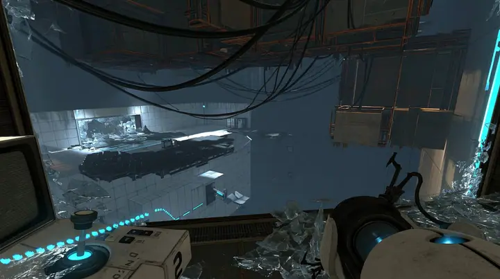 the same ruined test chamber seen from inside the observation booth above it, its big window smashed, glass shards across the console, Portal 2 Source engine screenshot