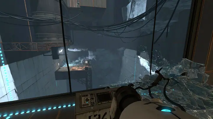 the same ruined test chamber seen from inside the observation booth above it, its big window smashed, glass shards across the console, Portal 2 Source engine screenshot