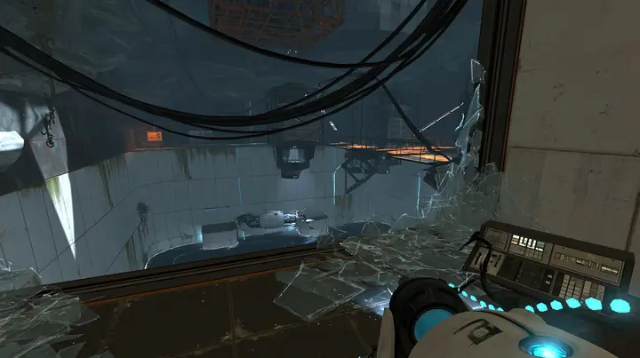 the same ruined test chamber seen from inside the observation booth above it, its big window smashed, glass shards across the console, Portal 2 Source engine screenshot