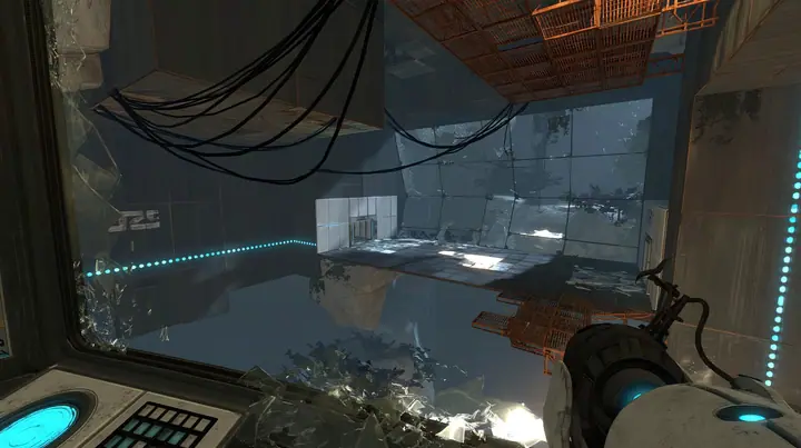 the same ruined test chamber seen from inside the observation booth above it, its big window smashed, glass shards across the console, Portal 2 Source engine screenshot