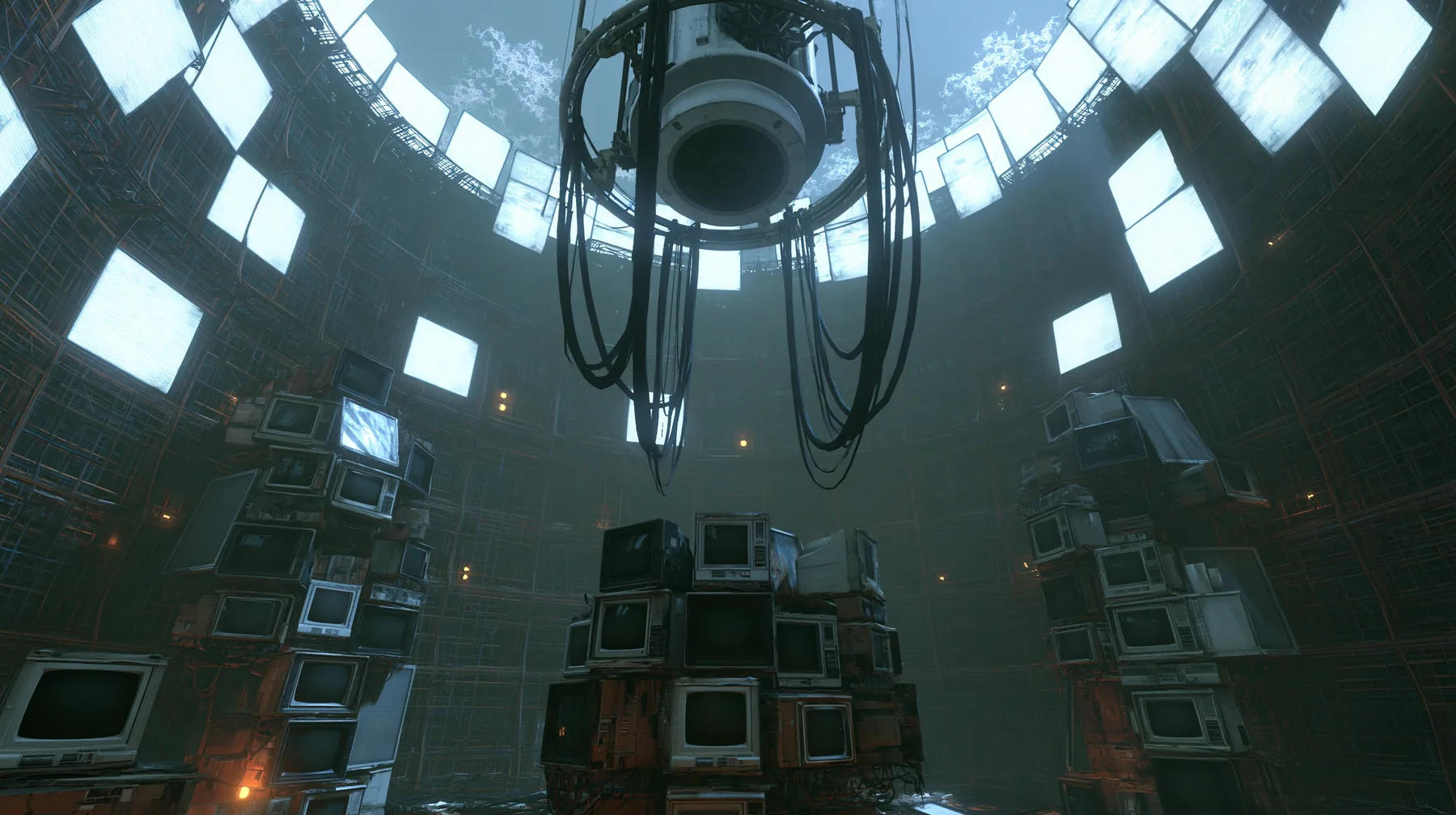 Valve's Portal 2 (2011), a Source engine screenshot: the empty Aperture Science central AI chamber: the ceiling ring mount with thick black cables hanging down, dozens of old CRT monitors and flat panel screens…