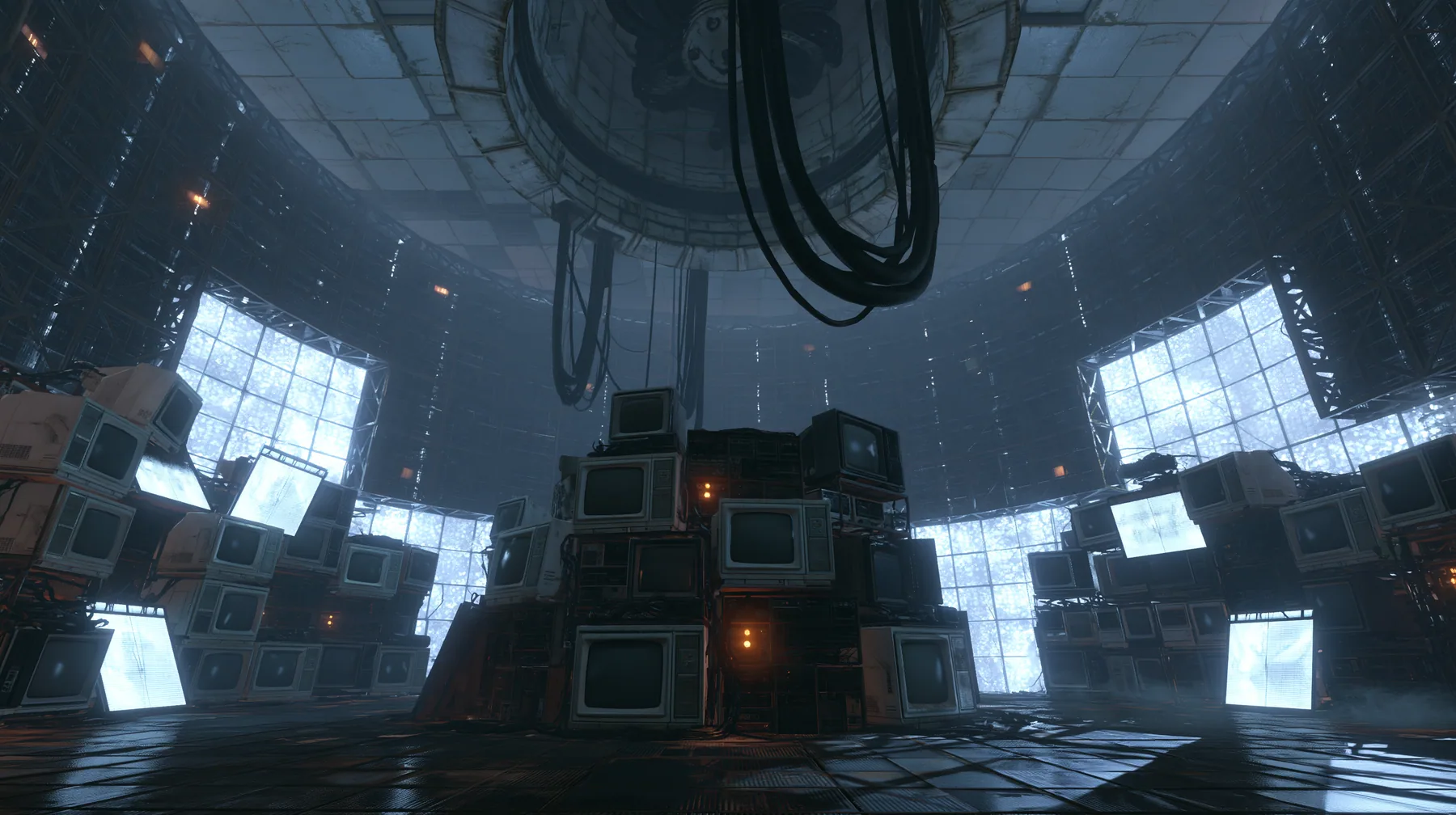 Valve's Portal 2 (2011), a Source engine screenshot: the empty Aperture Science central AI chamber: the ceiling ring mount with thick black cables hanging down, dozens of old CRT monitors and flat panel screens…