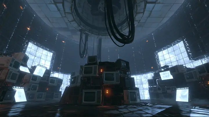 Valve's Portal 2 (2011), a Source engine screenshot: the empty Aperture Science central AI chamber: the ceiling ring mount with thick black cables hanging down, dozens of old CRT monitors and flat panel screens…